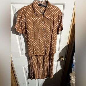 Stylish Tan Polka Dot Midi 2 piece  Dress